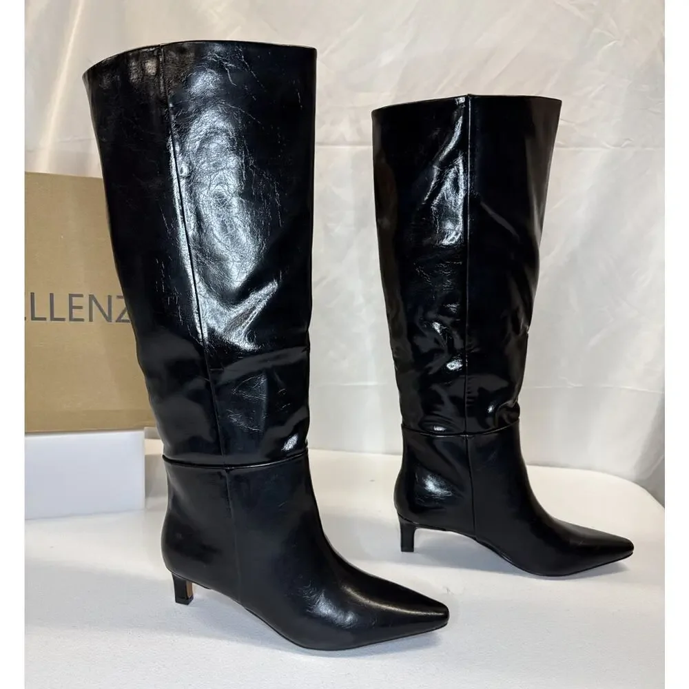 CELLENZ Faux Leather Knee High Boots Pointed Toe Low Kitten Heel Black Size 8